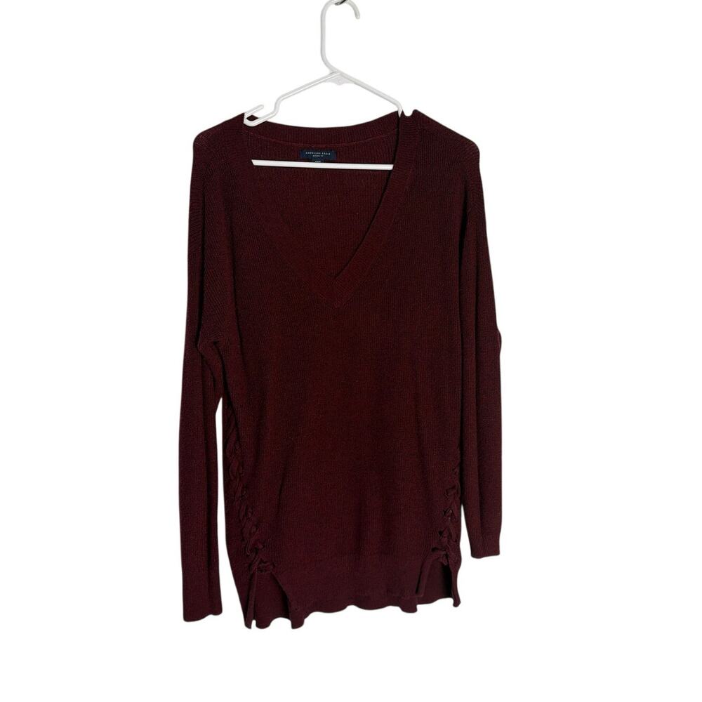 American Eagle Burgundy Lace Up Side V-Neck Sweater Woman Size M Medium